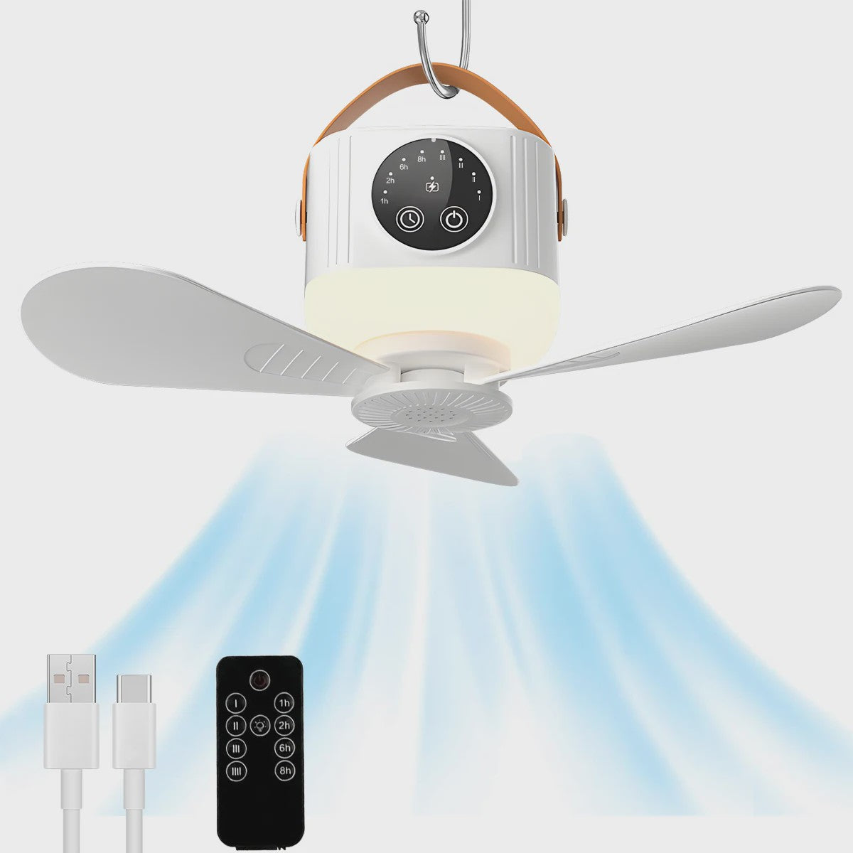 Oplaadbare Hangende Ventilator met 3600mAh Batterij, 4 Snelheden & 3 Lichtstanden - Draagbaar voor Camping & Reizen