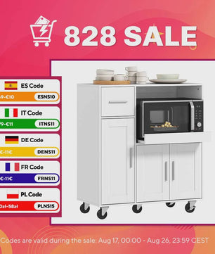 Keuken Hulpmeubel met Wielen en Uittrekbare Tray - Wit