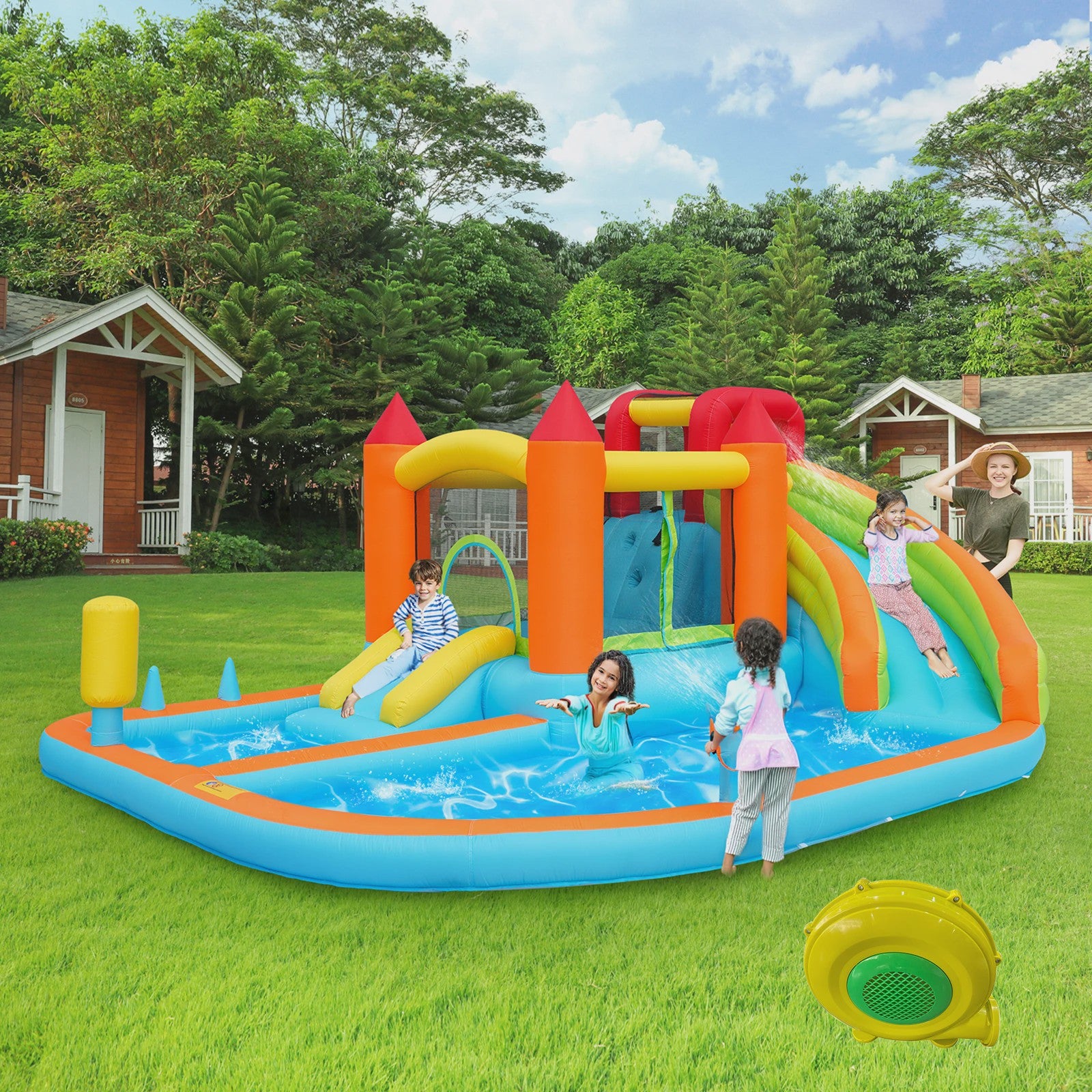Opblaasbaar Kasteel met Waterbaan, Glijbaan, Trampoline & Waterkanon