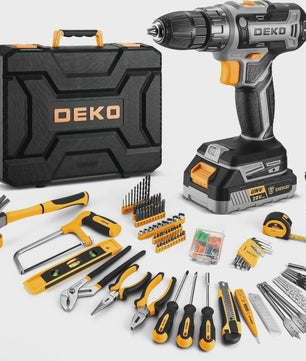 DEKO Complete Gereedschapskist met 20V Accuboormachine, 186 Delen - Professionele DIY Set