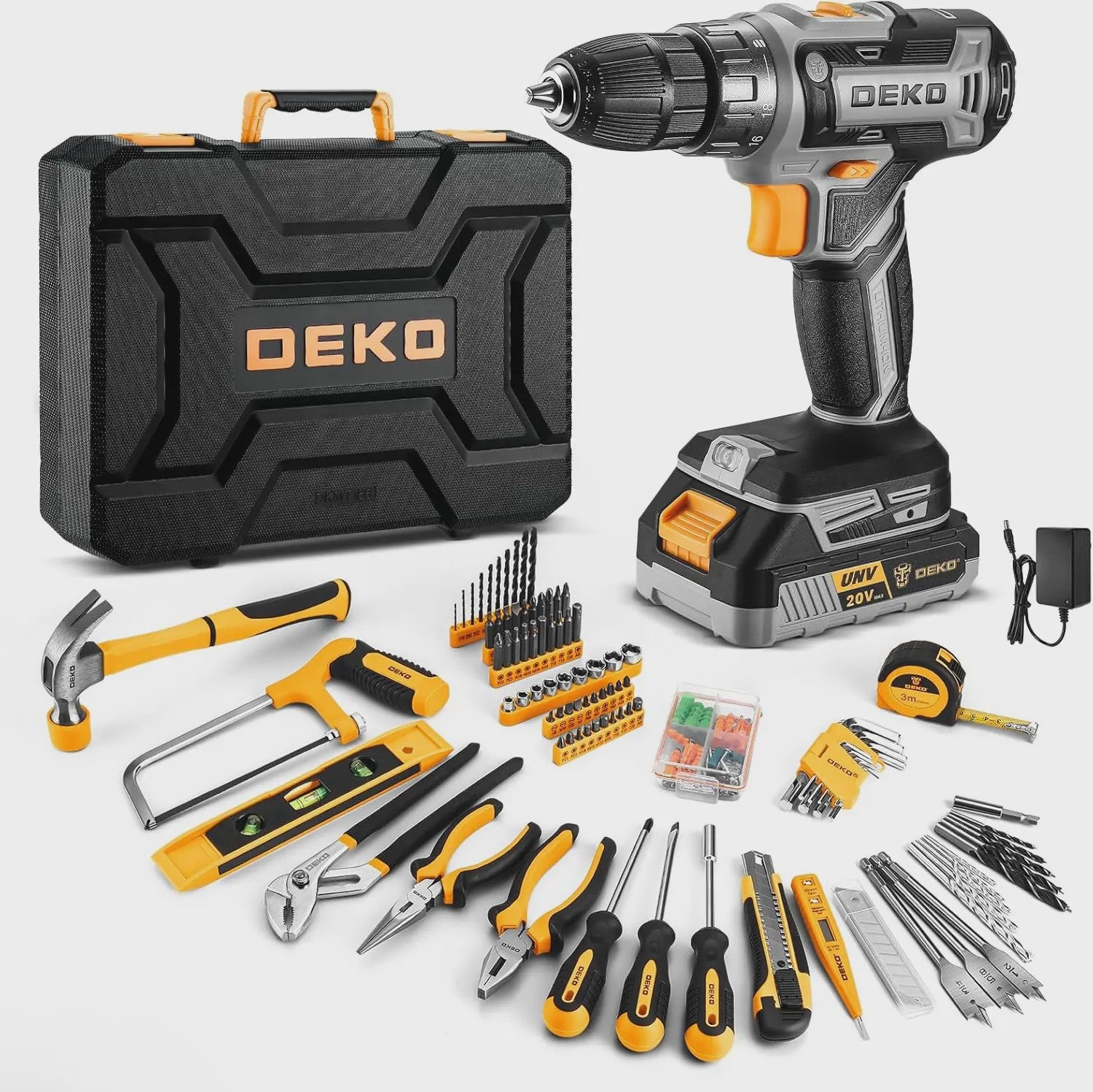 DEKO Complete Gereedschapskist met 20V Accuboormachine, 186 Delen - Professionele DIY Set