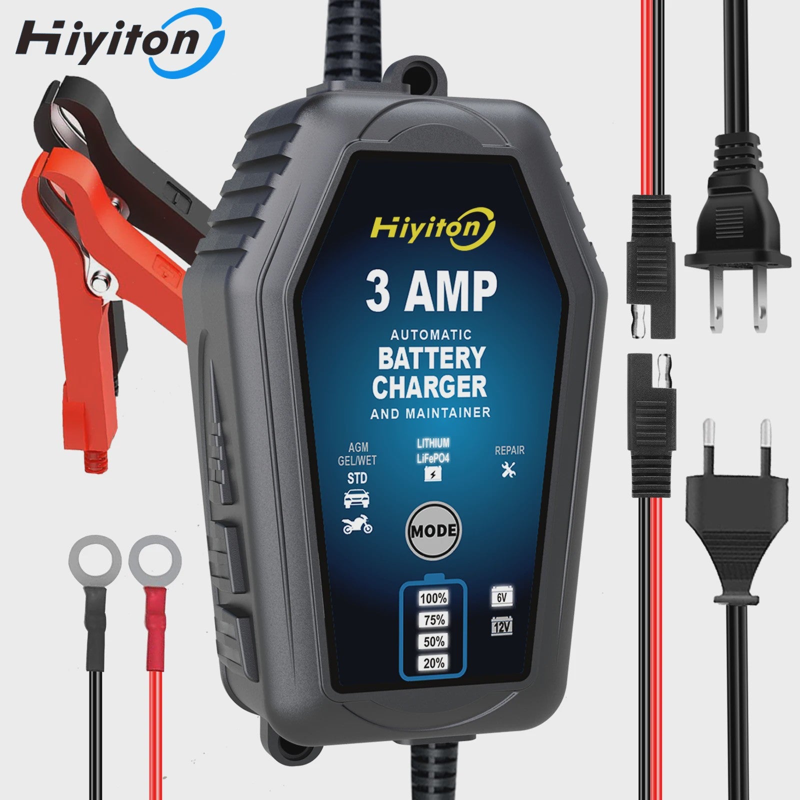 Slimme Acculader 6V/12V 3A voor Auto, Motor & Lithium Batterijen - Onderhoud & Reparatie