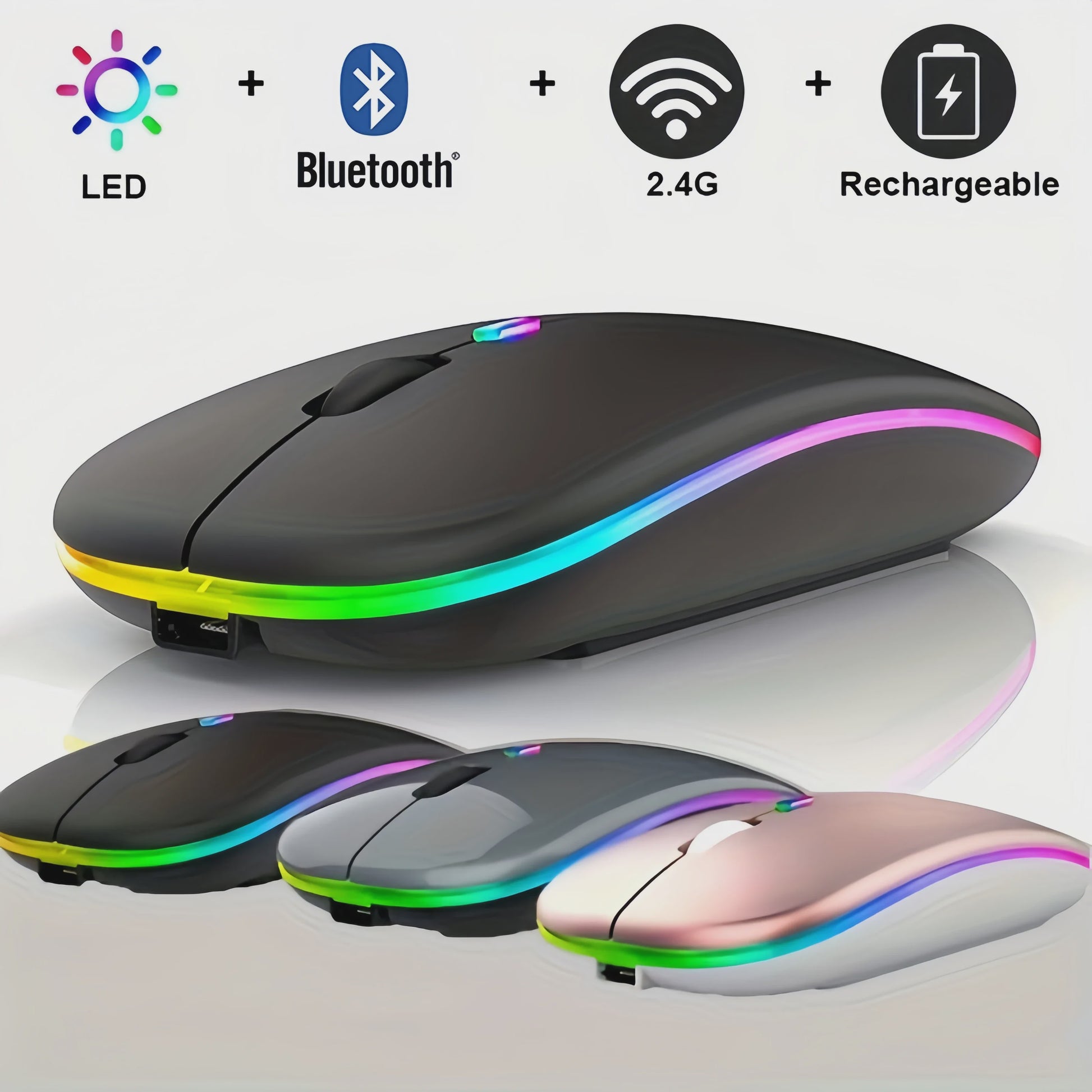 Draadloze Oplaadbare Muis met LED Verlichting - Stille Klik & Dual Mode (Bluetooth/2.4Ghz) voor PC/Laptop