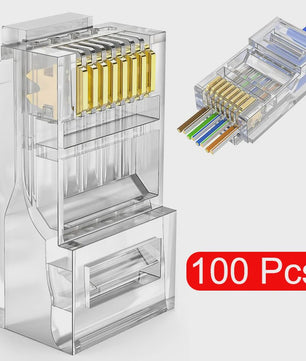 100x RJ45 Connectoren CAT6/CAT5e - Doorvoer Crystal Plug, Goudkleurig, 8P8C Ethernet Modular Plug