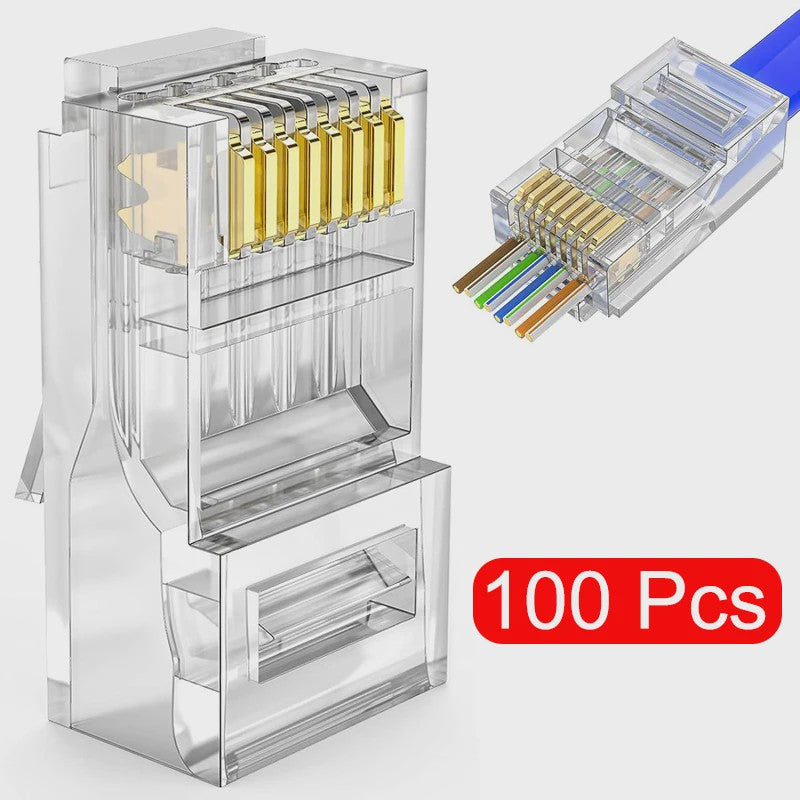 100x RJ45 Connectoren CAT6/CAT5e - Doorvoer Crystal Plug, Goudkleurig, 8P8C Ethernet Modular Plug