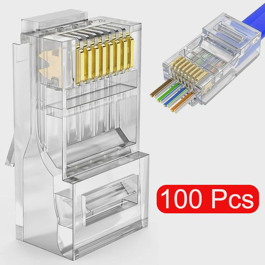 100x RJ45 Connectoren CAT6/CAT5e - Doorvoer Crystal Plug, Goudkleurig, 8P8C Ethernet Modular Plug
