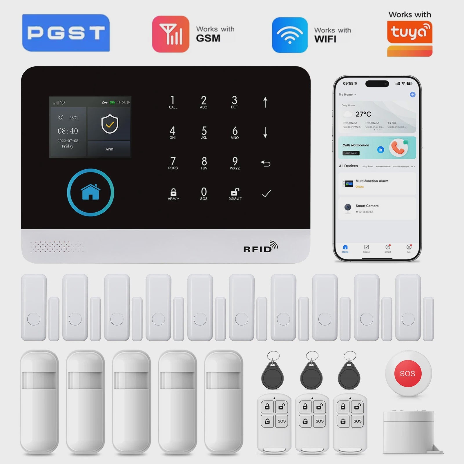 Slim Beveiligingssysteem voor Thuis: WIFI/GSM Alarm met Deur- en Bewegingssensoren, Tuya & Alexa Compatibel