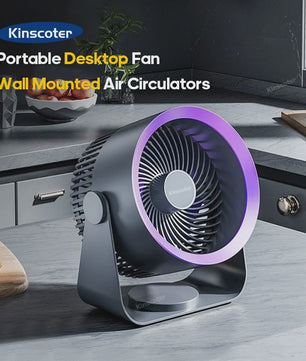 KINSCOTER Multifunctionele Draadloze Ventilator: Draagbaar, Stil & Flexibel voor Bureau, Muur of Plafond