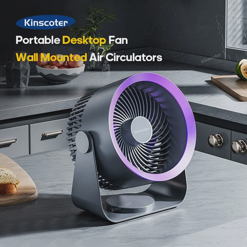 KINSCOTER Multifunctionele Draadloze Ventilator: Draagbaar, Stil & Flexibel voor Bureau, Muur of Plafond