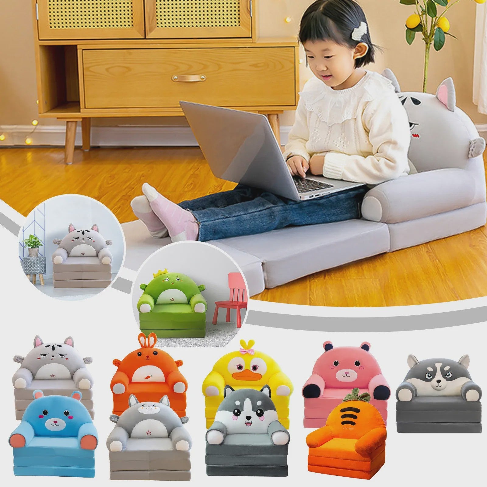Pluche Kinder Sofa Bed - Opvouwbaar en Dubbelzijdig Plezier in Leuke Cartoon Vormen