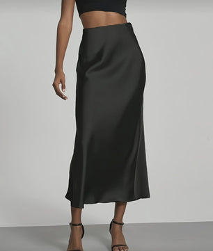 Elegante Satin Midi Rok met Hoge Taille en Draping - Veelzijdig & Chic