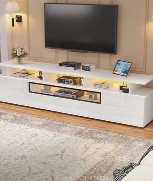 Stijlvolle TV Meubel 180cm Hoogglans Wit met LED Verlichting en 10 Opbergvakken