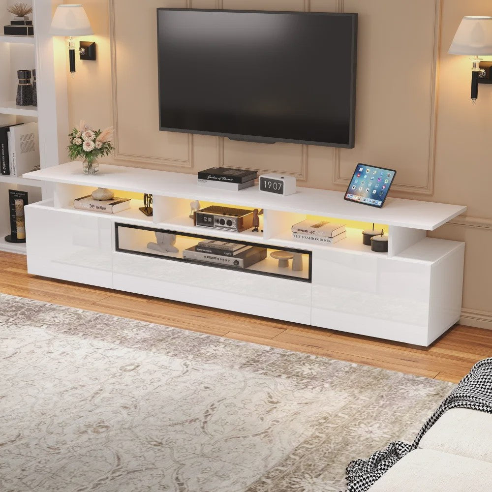 Stijlvolle TV Meubel 180cm Hoogglans Wit met LED Verlichting en 10 Opbergvakken