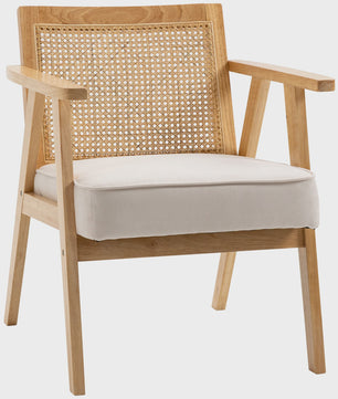 Stijlvolle Lounge Chair met Rotan Rugleuning en Houten Armleuningen - Beige