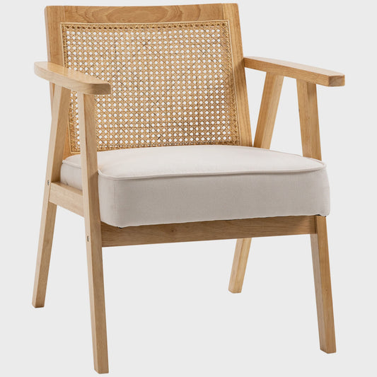 Stijlvolle Lounge Chair met Rotan Rugleuning en Houten Armleuningen - Beige