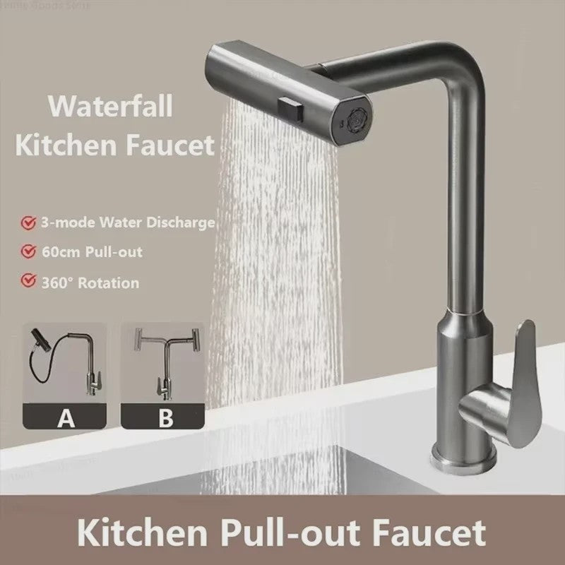 Grijze/Zilveren Uittrekbare Keukenkraan met Flexibele Douchemodus en Warm/Koud Water - Dekmontage