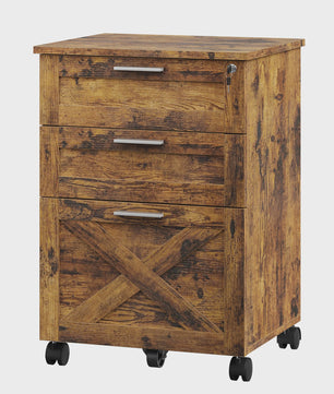 Mobiel 3-Laden Archiefkastje met Slot - Vintage Hout - Onder Bureau - Verrijdbaar Kantoor Opbergkast