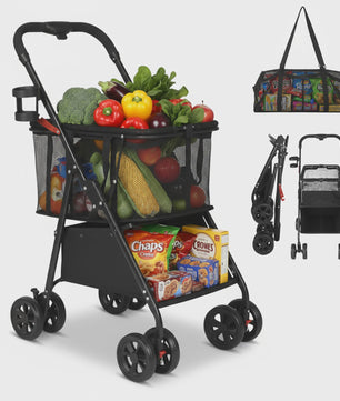 Folding Shopping Trolley with 2-Tier Storage, Multi Use Grocery Carts with 360° Wheels & Removable Tote Bag for Shopping Laundry