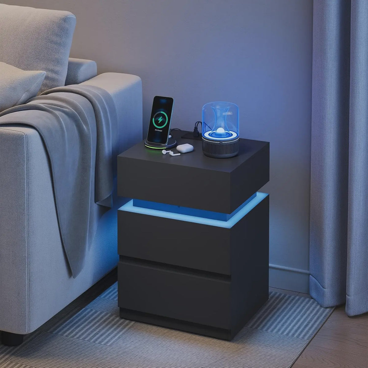 Stijlvol Nachtkastje met LED Verlichting, 2 Lades en USB Opladen - Wit/Zwart