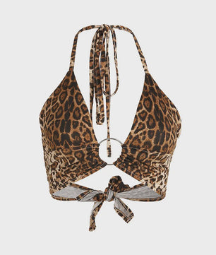 Leopard Print Halter Crop Top met Ring Detail en Bandage Sluiting