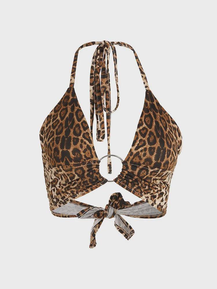 Leopard Print Halter Crop Top met Ring Detail en Bandage Sluiting