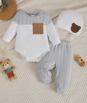 Baby Jongen Set: Longsleeve Bodysuit, Broekje & Muts - Kleurblok Design (0-18 Maanden)