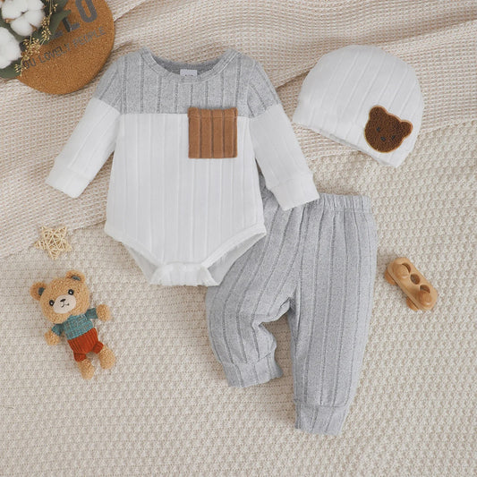 Baby Jongen Set: Longsleeve Bodysuit, Broekje & Muts - Kleurblok Design (0-18 Maanden)