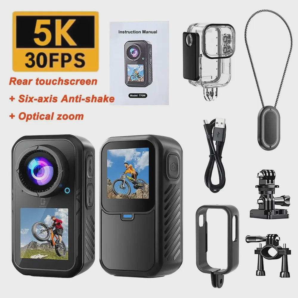 5K Mini Action Camera met Anti-Shake, Touchscreen & Waterdicht Ontwerp - Ideaal voor Motor, Fiets & Outdoor Sport