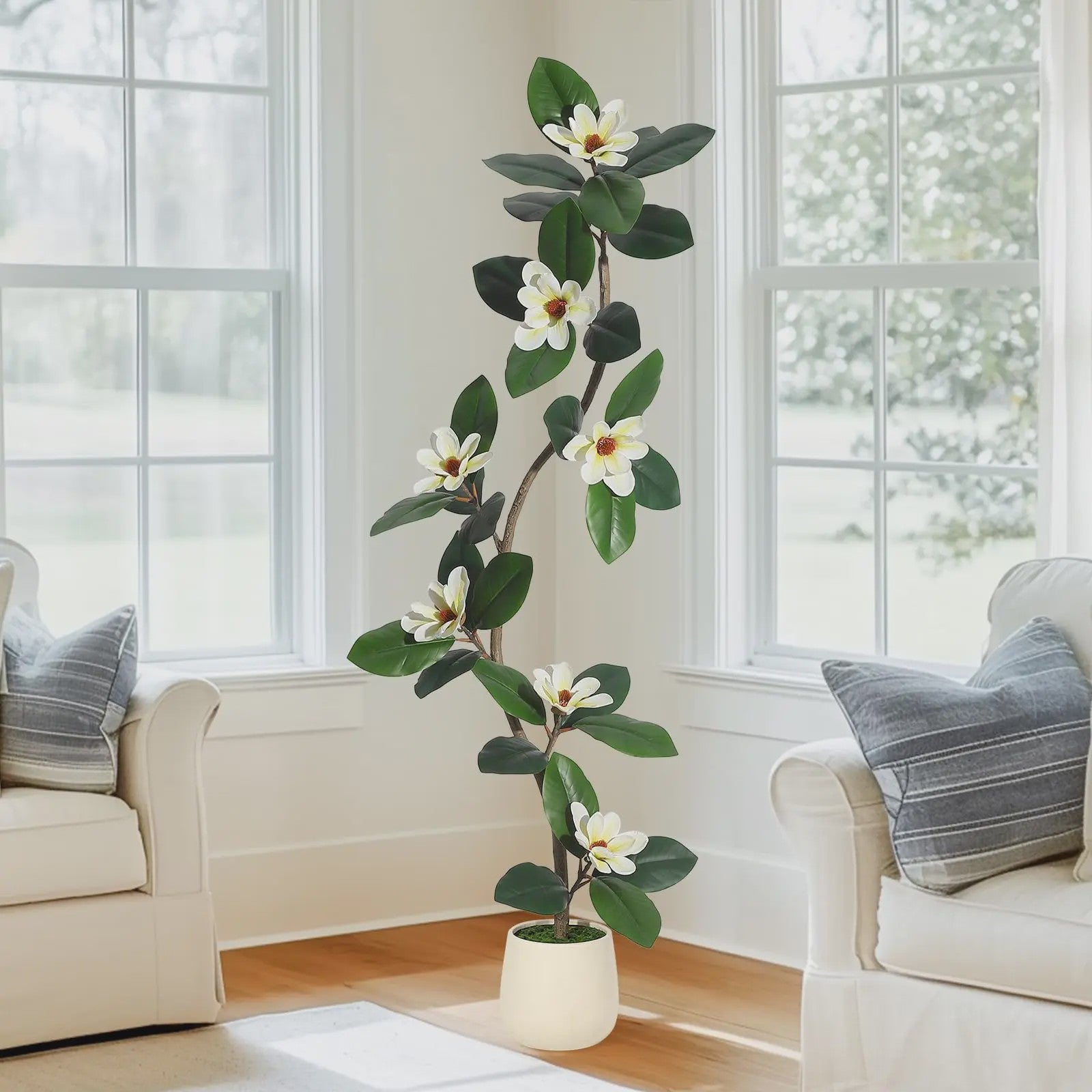 Kunst Magnolia Boom met Witte Pot - 150/180/210cm - Luxe Kunstplant voor Binnen