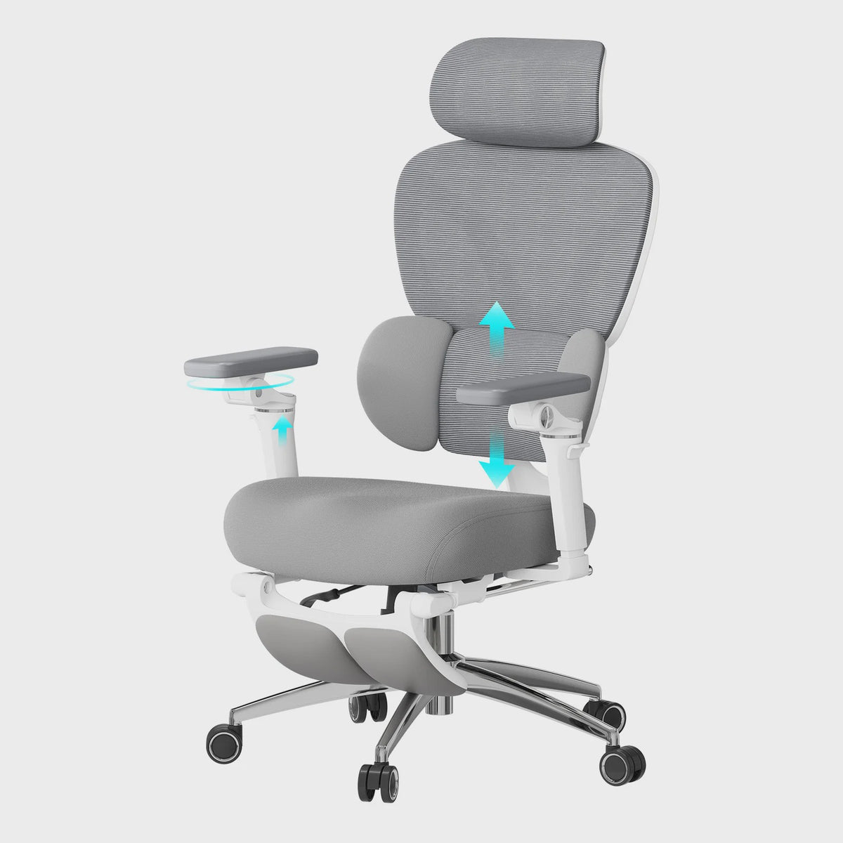 Ergonomische bureaustoel met 3D hoofdsteun, 6D armsteunen en verstelbare diepte