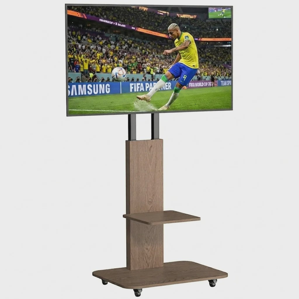 Verrijdbaar TV-meubel met Plank - In Hoogte Verstelbaar (40-75 inch) - Heavy Duty Staal & Hout