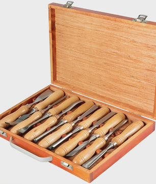 12-delige Houtsnijset met Houten Koffers en Professionele Beitels