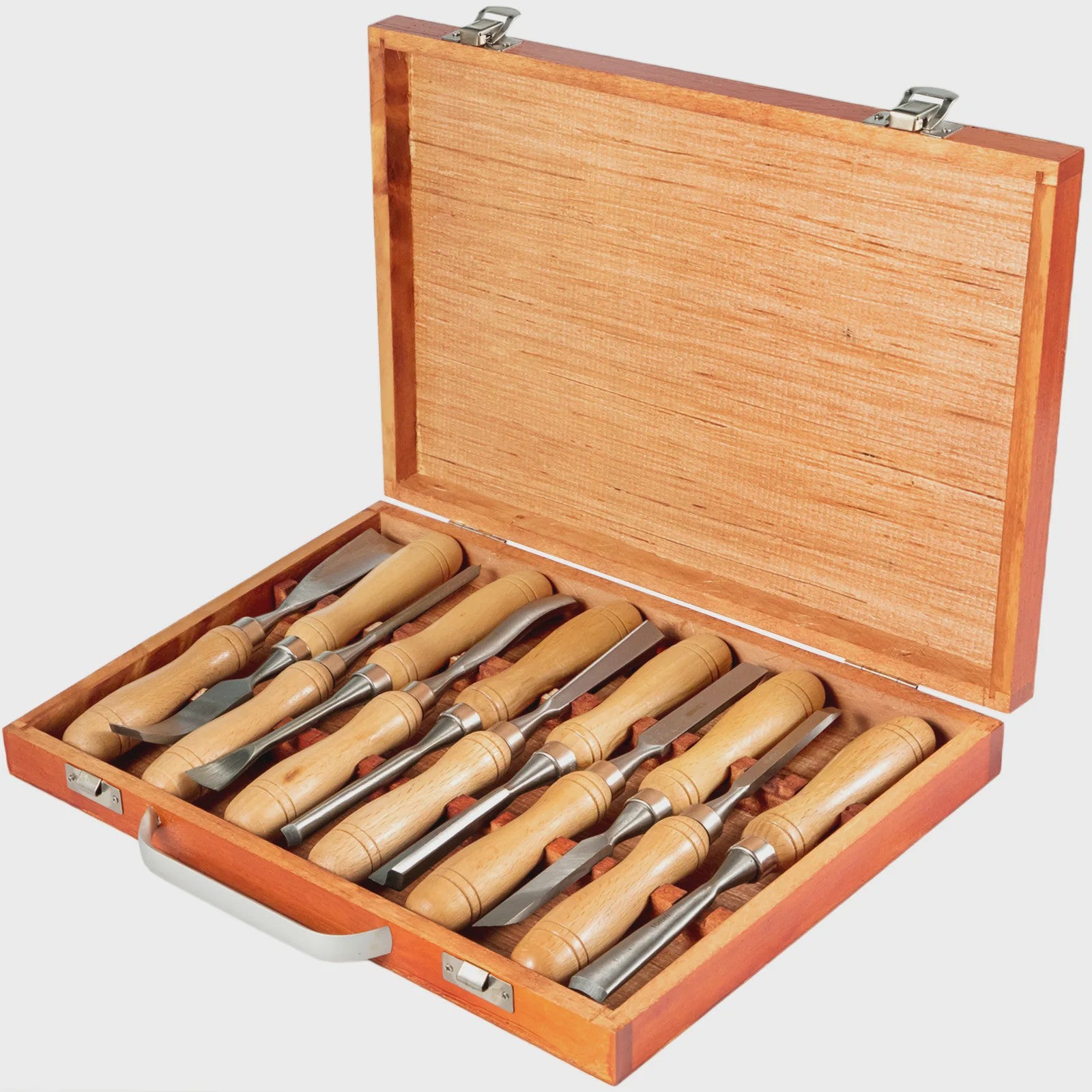 12-delige Houtsnijset met Houten Koffers en Professionele Beitels