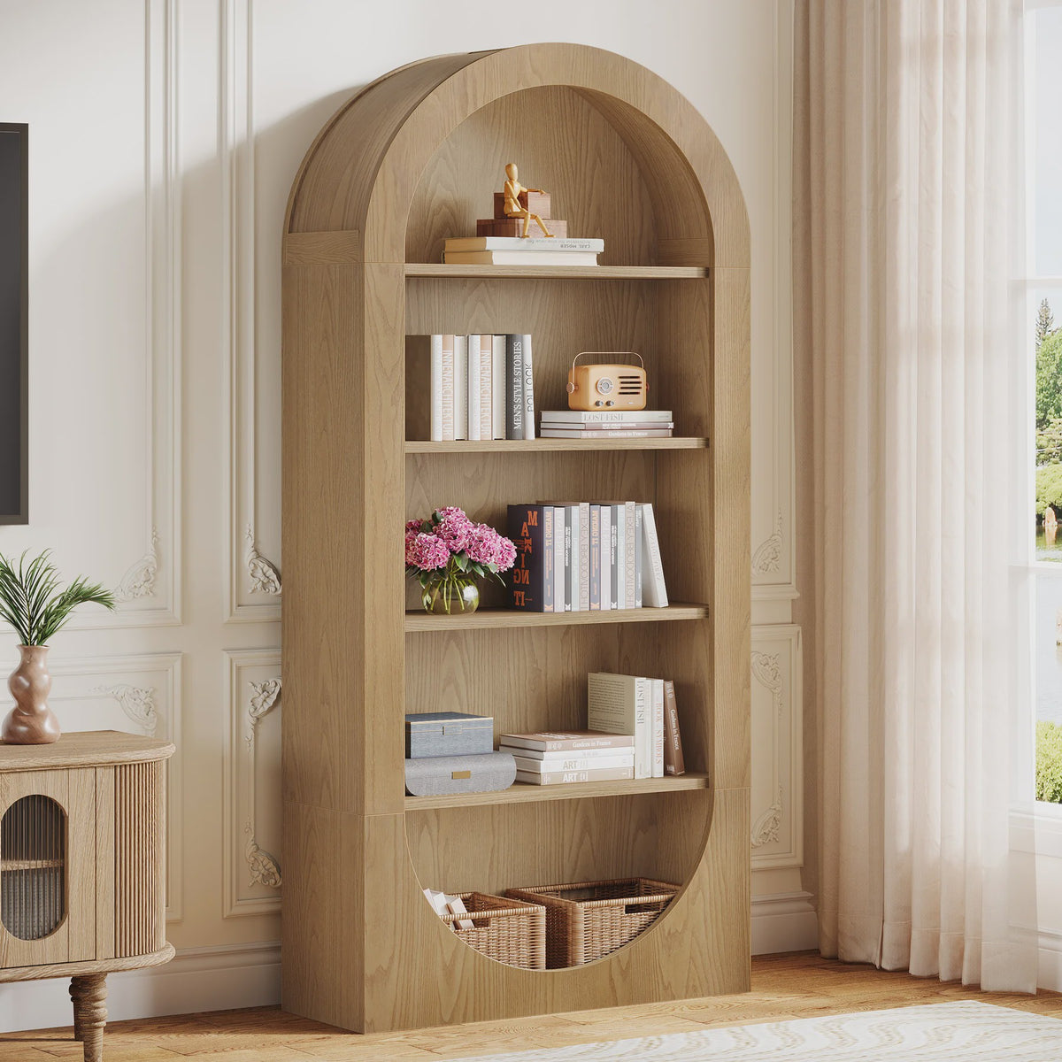 Hoge Boekenkast met 5 etages en boogontwerp - Stijlvolle Houten Displaykast