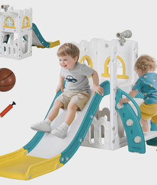 AIYAPLAY Kinder Speeltoestel 5-in-1: Glijbaan, Basketbal, Telescoop & Opbergruimte