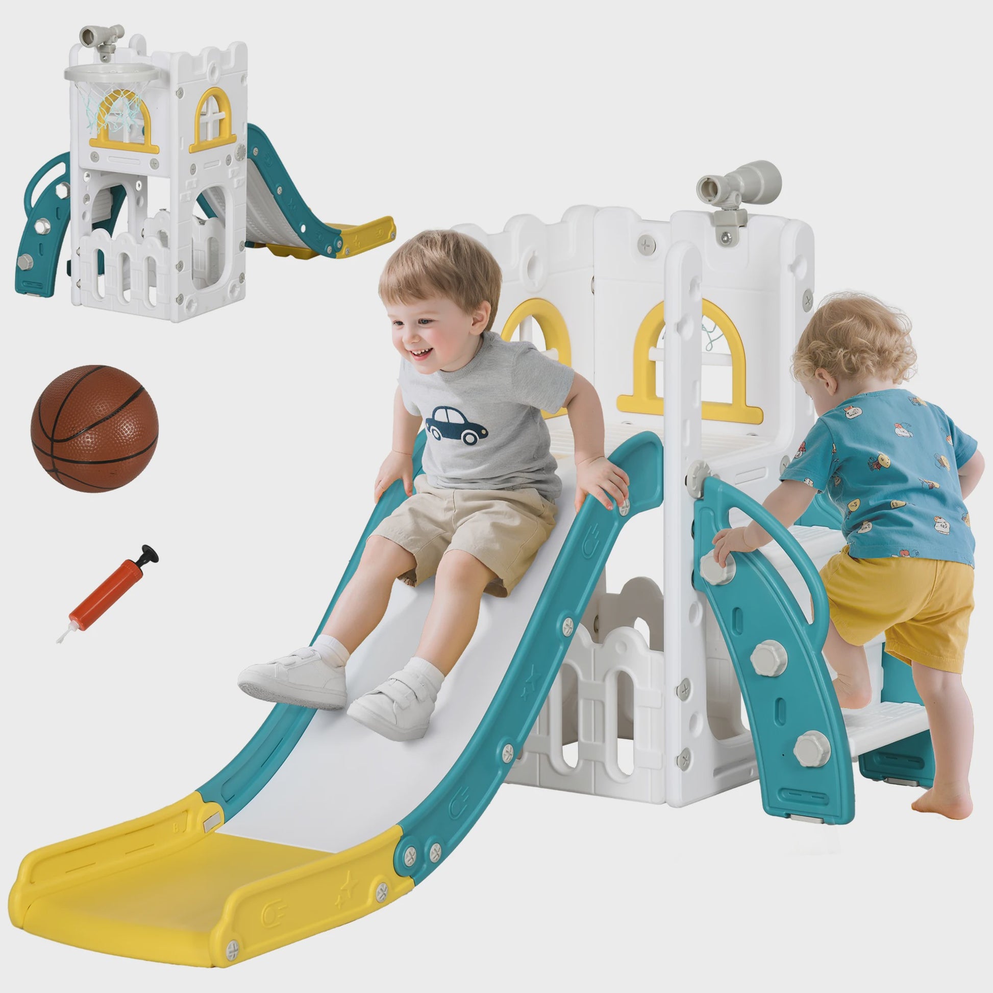AIYAPLAY Kinder Speeltoestel 5-in-1: Glijbaan, Basketbal, Telescoop & Opbergruimte