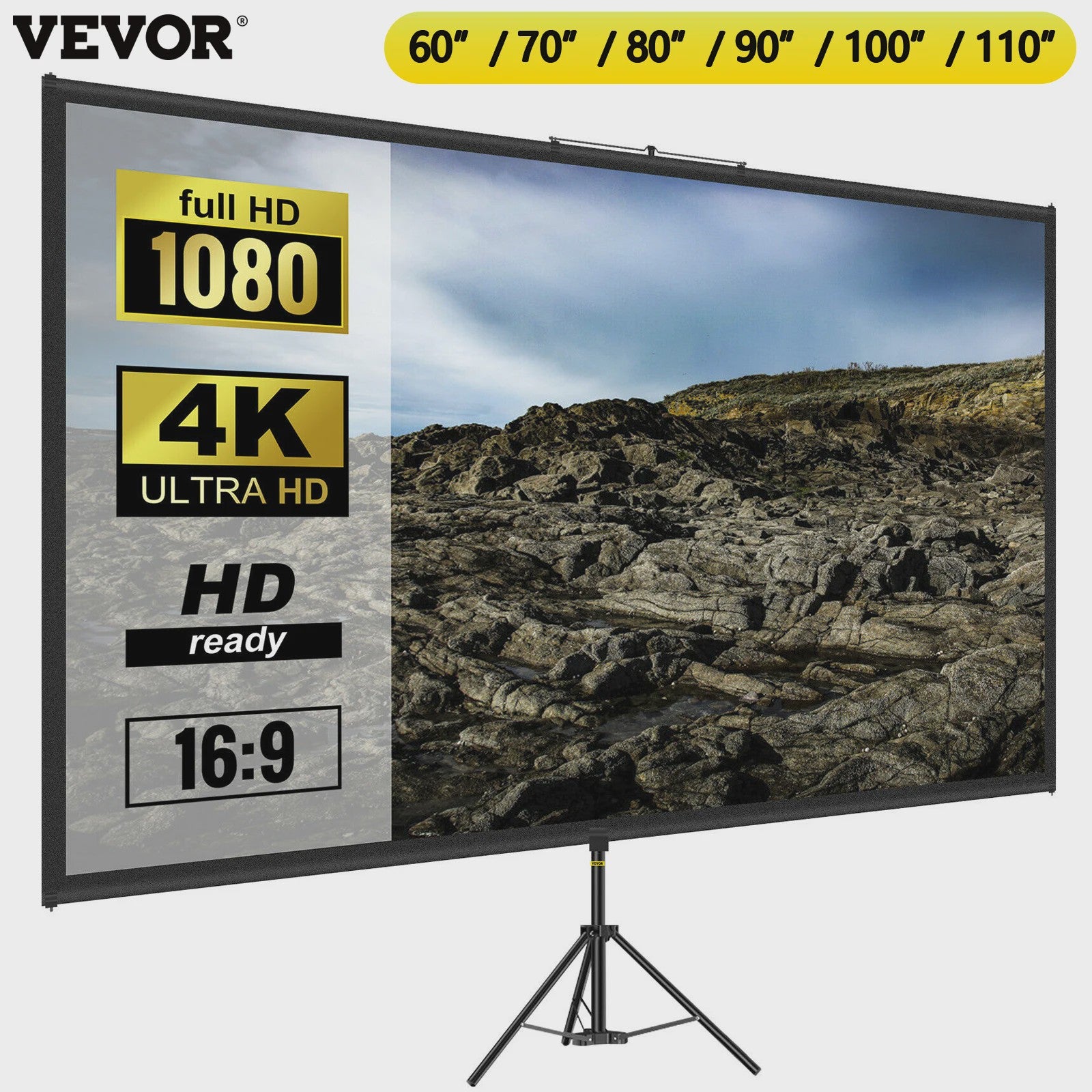 Draagbaar Projectiescherm met Statief - 16:9 4K HD - 60 t/m 110 Inch - Voor Binnen & Buiten Bioscoop