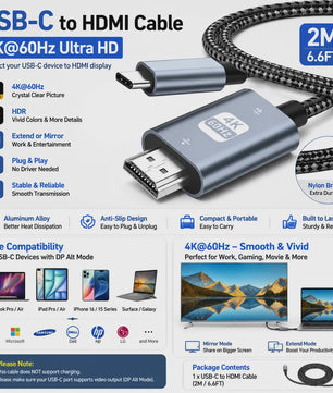 USB-C naar HDMI Kabel 4K 60Hz Ultra HD 2 Meter Gevlochten Nylon