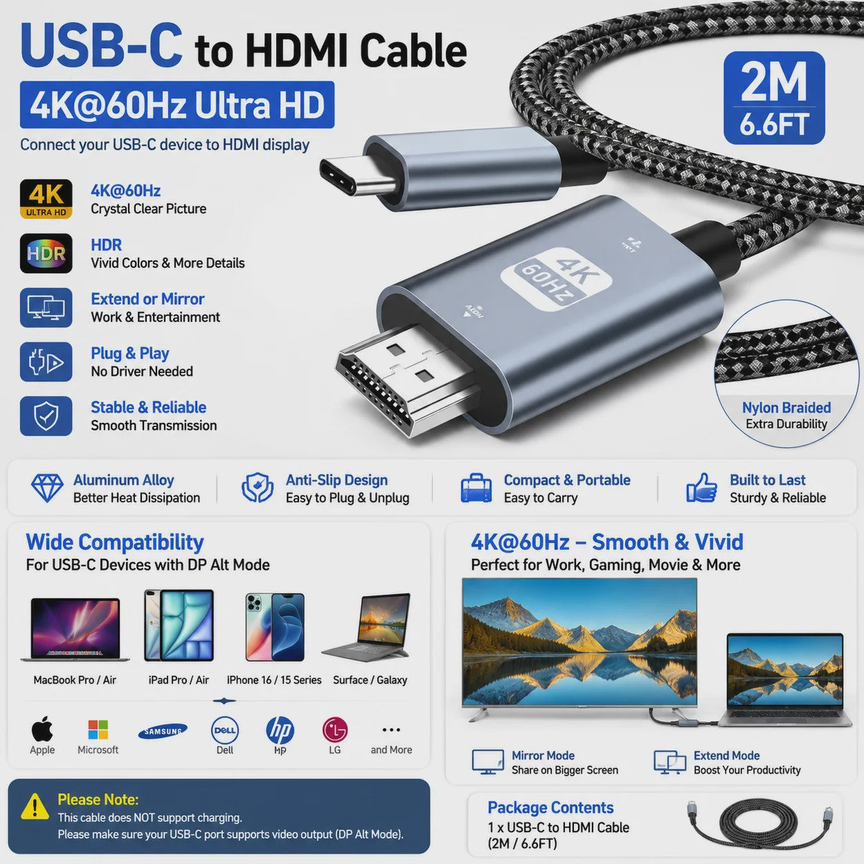 USB-C naar HDMI Kabel 4K 60Hz Ultra HD 2 Meter Gevlochten Nylon