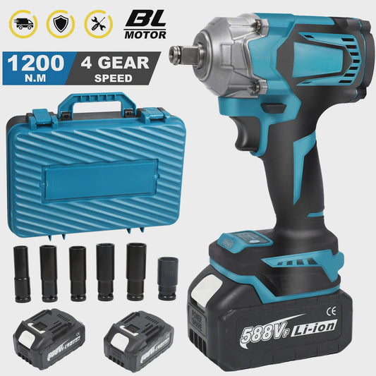 Krachtige 1200Nm Brushless Accu-slagmoersleutel 1/2" met LED, 8 standen, compatibel met Makita 18V accu