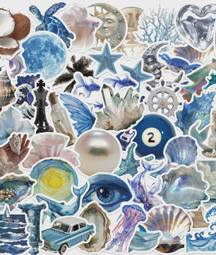 50x Ocean & Blauwe Esthetische Stickers - Waterdicht & Verwijderbaar voor Laptop, Koffer, Gitaar