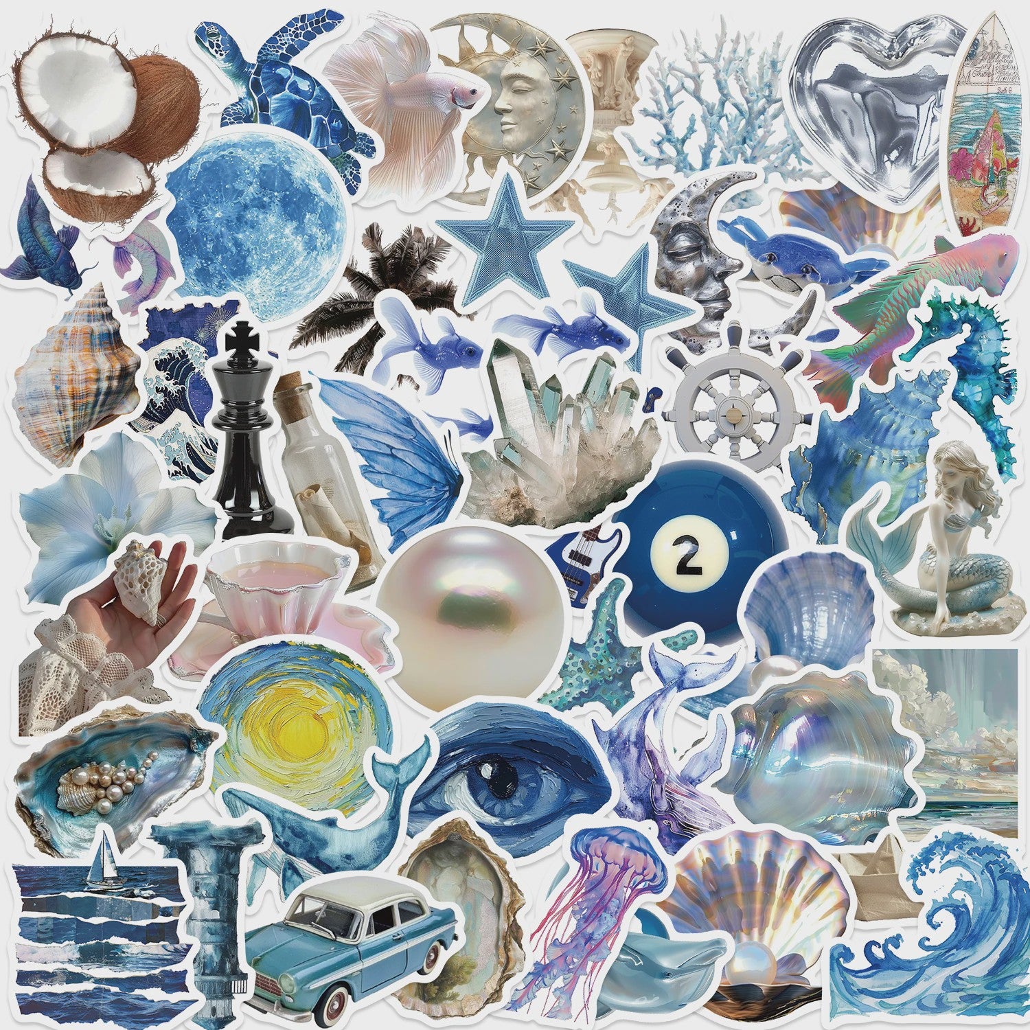 50x Ocean & Blauwe Esthetische Stickers - Waterdicht & Verwijderbaar voor Laptop, Koffer, Gitaar
