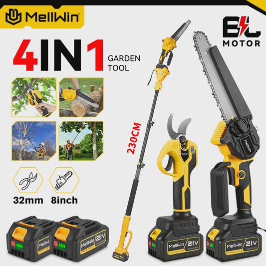 Mellwin 4-in-1 Snoei- en Zaagset: Elektrische Snoeischaar, Kettingzaag & Telescoopsteel