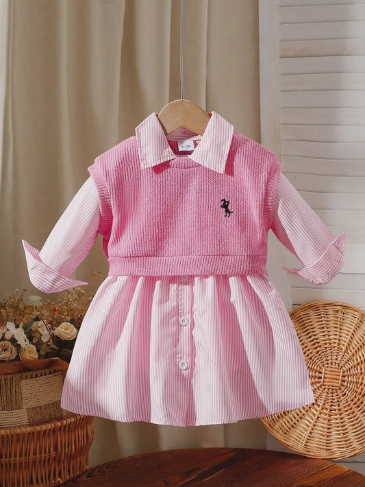 Baby Meisjes Jurk met Geborduurd Vest en Gestreept Shirt - Lente/Zomer Outfit