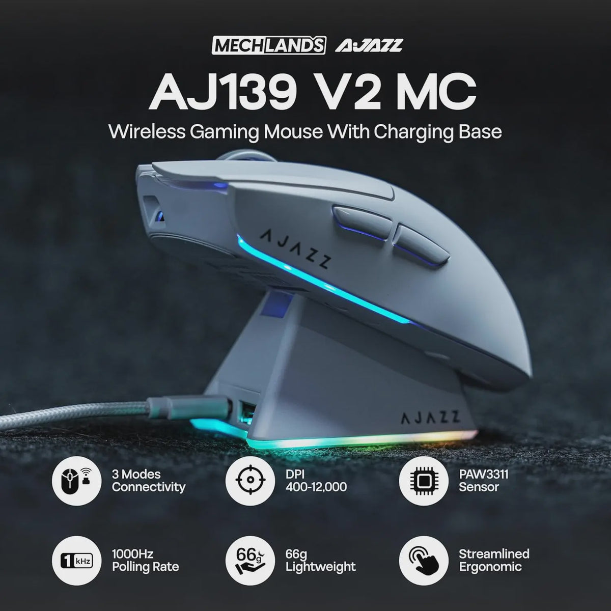 Ajazz AJ139 V2 MC Gaming Muis: Draadloos, RGB, 24000 DPI & Magnetische Oplaadbasis