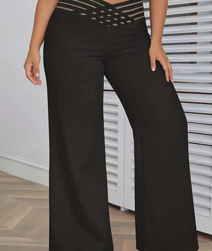 Plus Size Elegante Palazzo Broek met Crisscross Mesh Tailleband