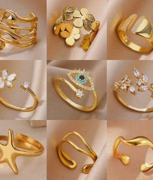 Luxe Gouden Ringen Set: Zirkonia & Boze Oog Design - Verstelbaar & Trendy