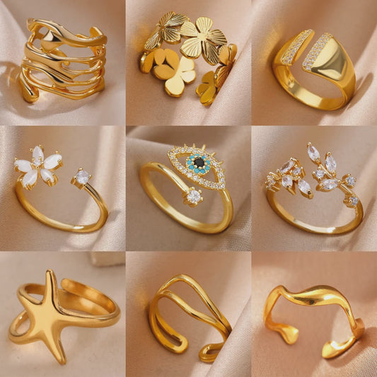 Luxe Gouden Ringen Set: Zirkonia & Boze Oog Design - Verstelbaar & Trendy