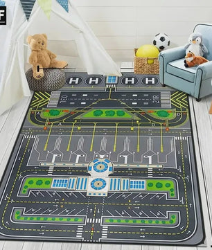 VIKAMA Speelkleed Vliegveld met Vliegtuigen - Wasbaar & Antislip Speelmat voor Kinderkamer