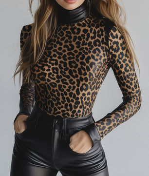 Dames PU Leather Blouse met Luipaardprint, Hoge Hals en Lange Mouwen - Slim Fit Streetwear